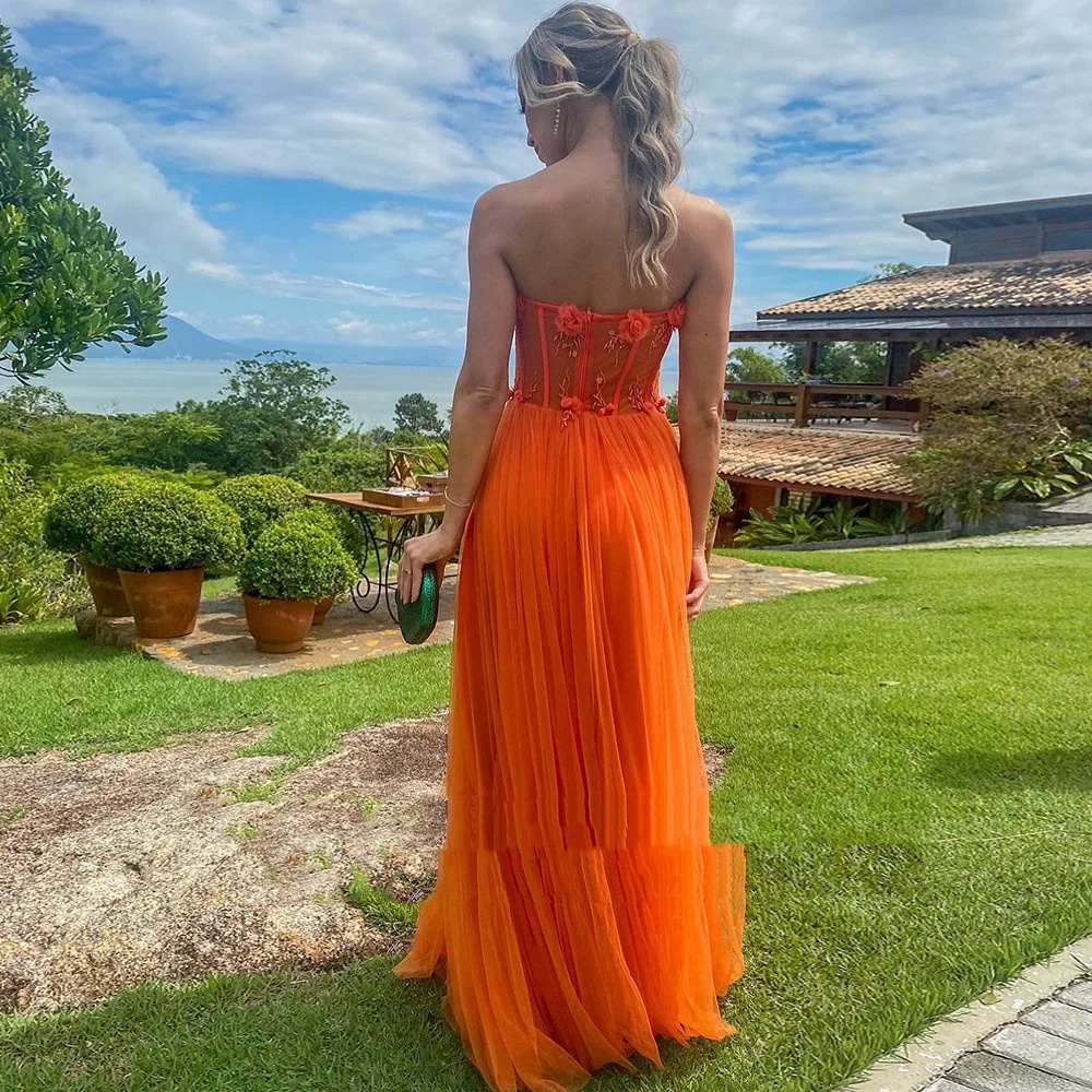 Sexy Strapless Orange Party Dress | Handmade Flower Evening Gown