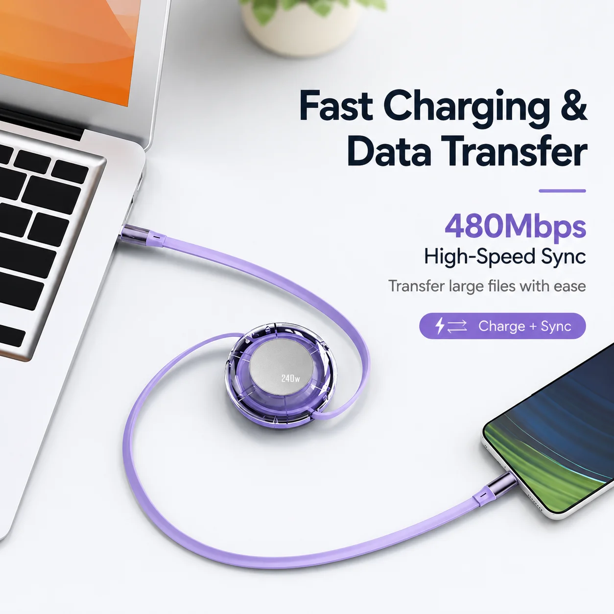 Premium High-Speed Retractable USB-C Charging Cable, 240W Power with Fast Charge and Data Transfer Capabilities
