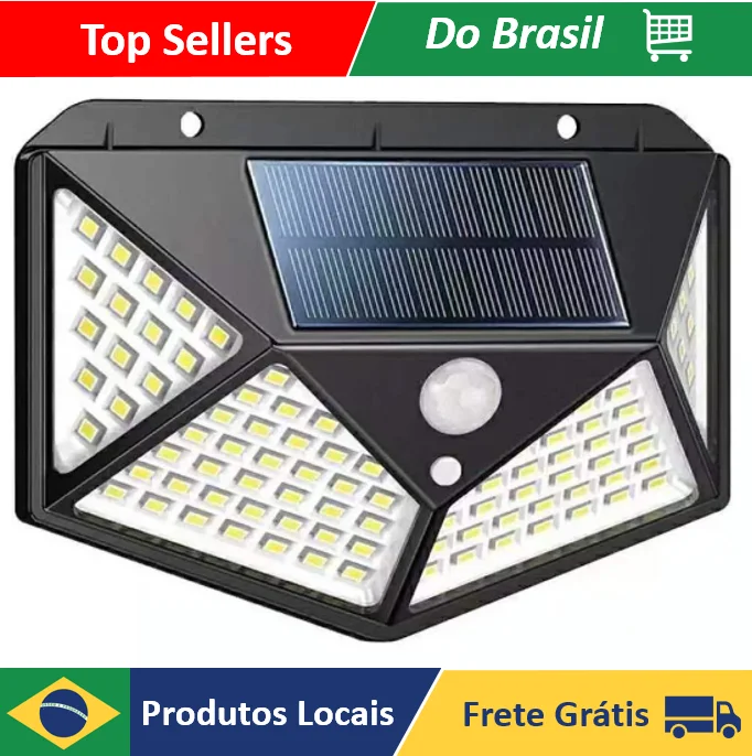 Luminária/Luz/Luz de Emergência pra Parede c/ Placa Solar 100 Led Sensor de Presença Com 3 Funções-ENVIO IMEDIATO P/ TODO BRASIL