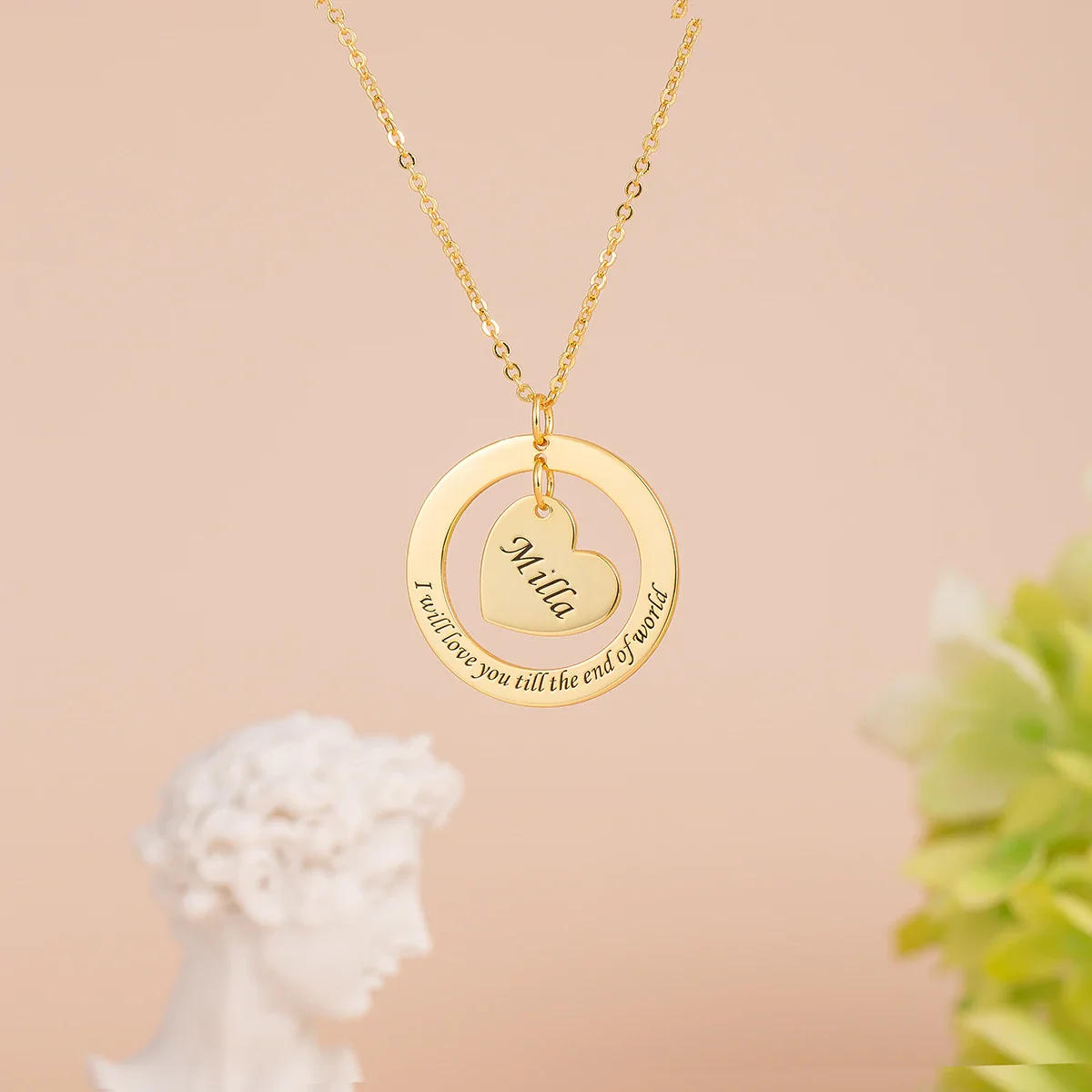 Ladies Personalized Engraved Gold Tone Round Name Plate Necklace Engraving Pendant 1027