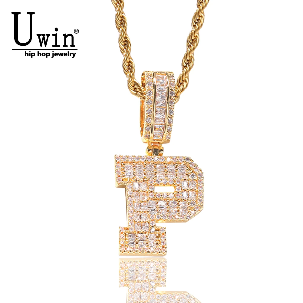 

Uwin Initial Letter Pendant Iced Out Baguette Cubic Zirconia Name Necklace With Tennis Chain Fashion Hip Hop Jewelry For Women