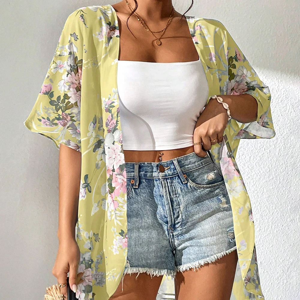 Floral Print Batwing Sleeve Chiffon Kimono Swimsuit Woman Beach Wear Cover Up Luxury Women's Social Blouse Fashion Tops swimsuit cover up swimsuit coverup