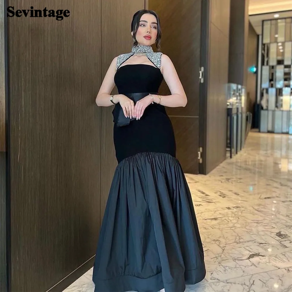 

Sevintage Modest Saudi Arabic Prom Dress Mermaid Halter Pleat Ruched Floor Length Formal Evening Dresses Women Party Gowns 2023
