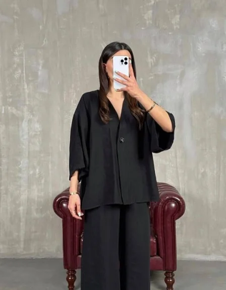 Relaxed V-Neck Cotton Linen Set - Breathable Summer Style photo review