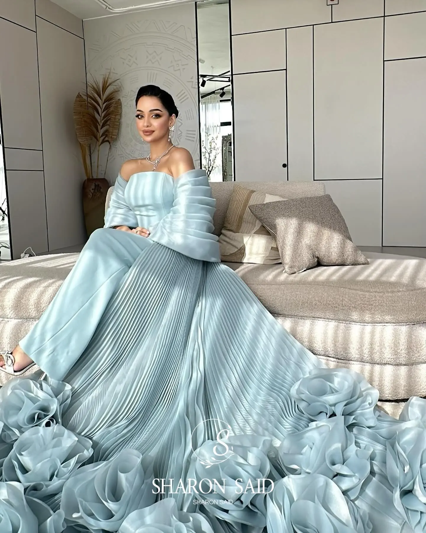 green emerald velvet dress 3D Floral Sleeveless A-Line Slit Gown by GLS Gloria GL3250 XL / Blue/Peach main image 1