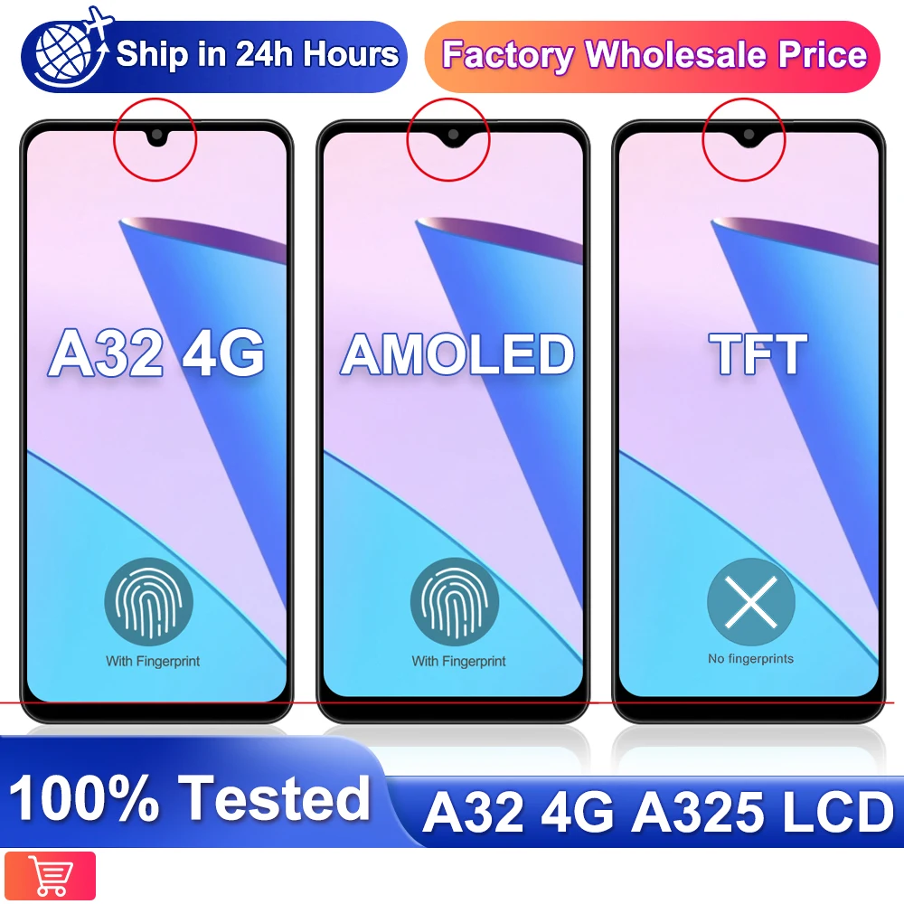 ЖК-дисплей AMOLED A32 4G для Samsung Galaxy A325 A325F A325F/DS A325M A325N, ЖК-дисплей, сенсорный экран, дигитайзер + рамка со сканером отпечатков пальцев