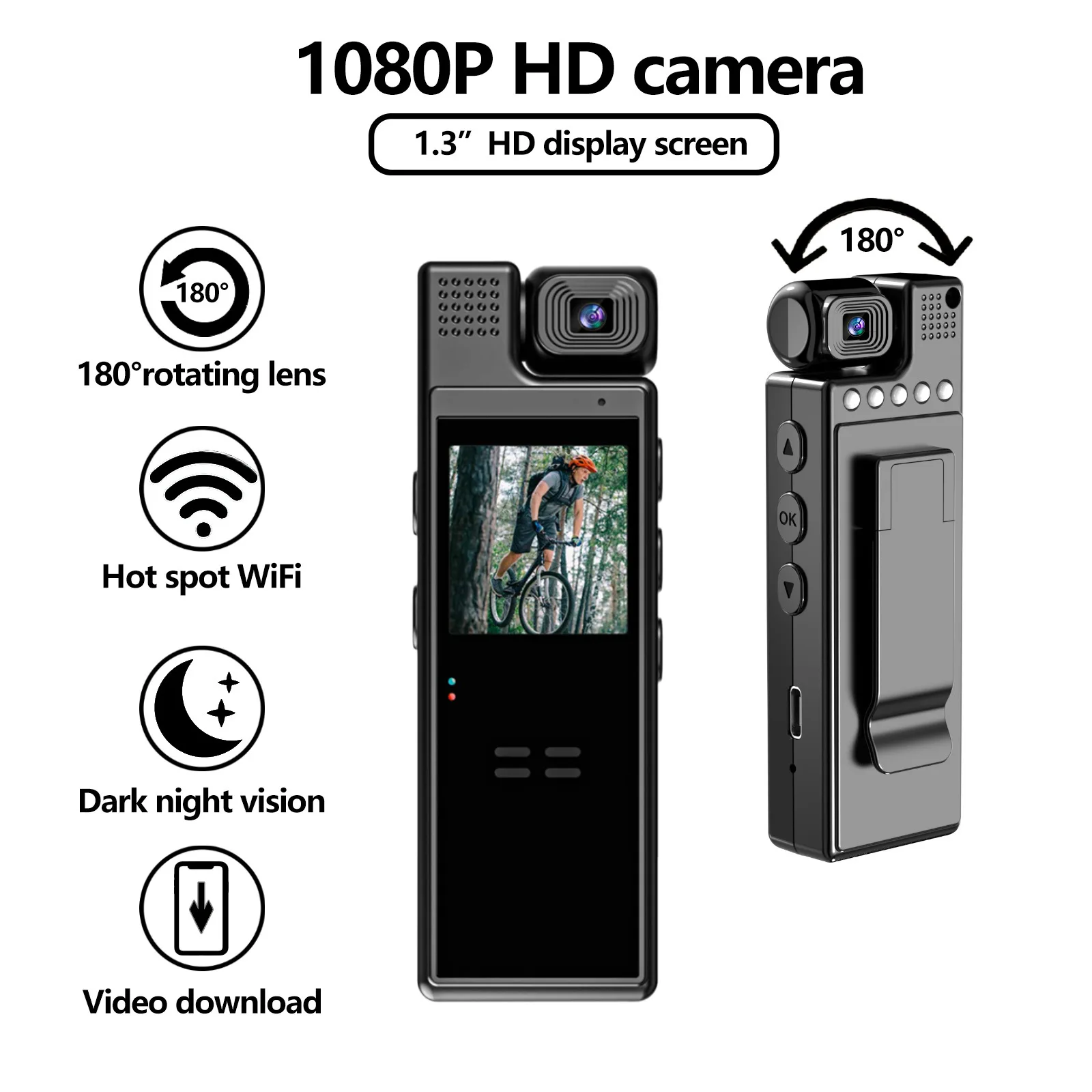1080P HD Portable Action Camera Wifi Back Clip 180&deg; Rotatable IR Night Vision Sports Camera Travel Bicycle Driver Video Recorder