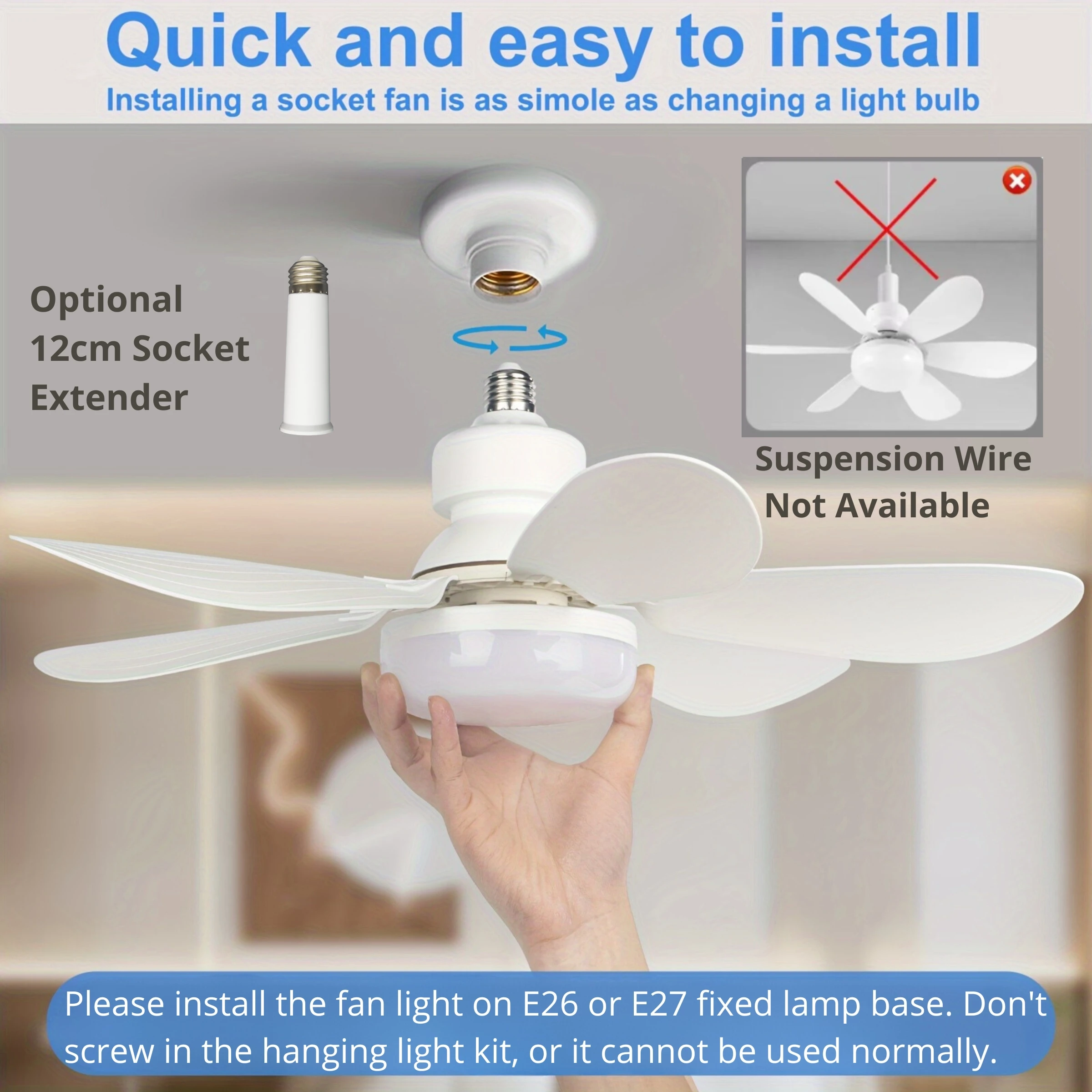 40W Socket Fan Light, 21.5" Screw Ceiling Fan with Light and Remote, E27 Socket Fan with LED for Bathroom, Bedroom, Kitchenfor 5