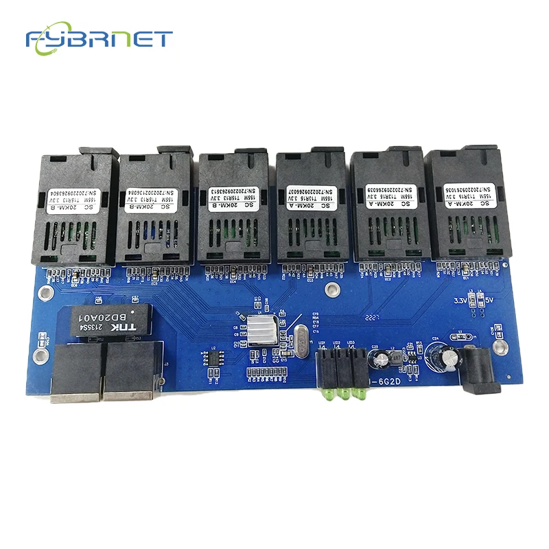 6F2E Fiber switch Ethernet 20KM Media Converter 20KM SC 6 fiber 2 RJ45 10/100MSC PCBA board SC Fast Ethernet Simplex