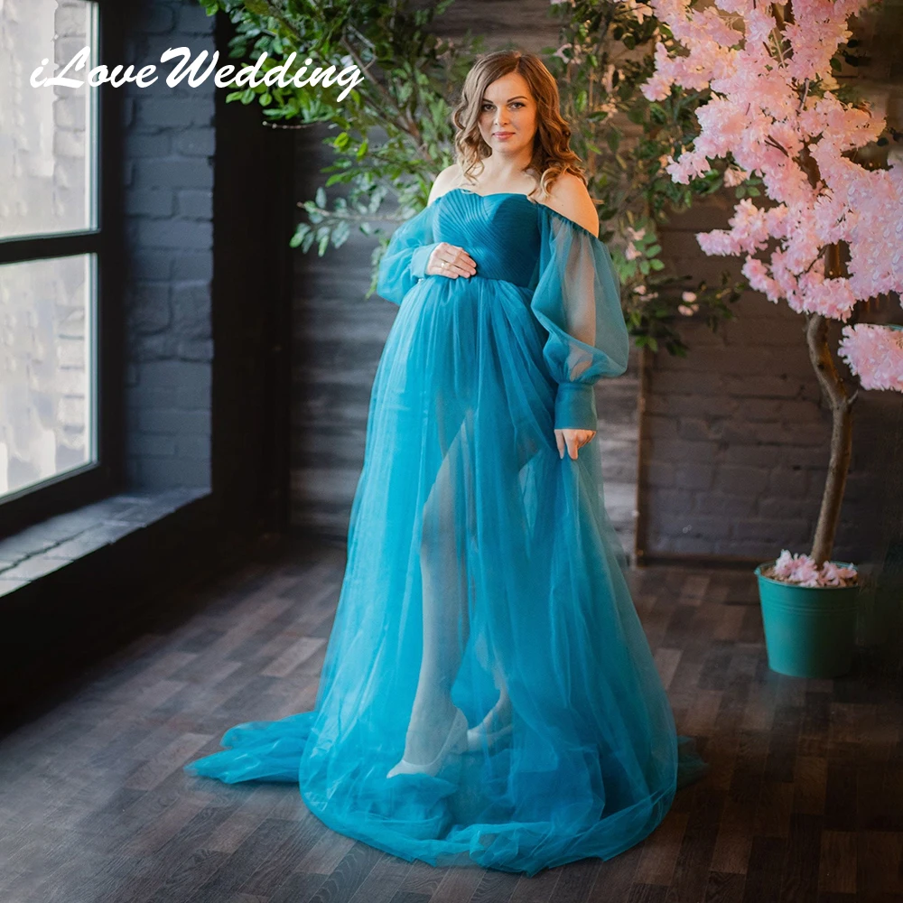 ILoveWedding Blue Maternity Dress for Photography Off Shoulder Long Sleeves Pregnancy Photo Shoot Dresses Women Baby Shower Robe