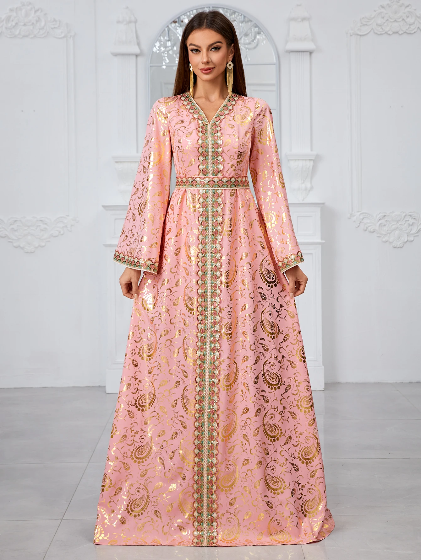 YISIKADO & Gifniseti 여성용 플레어 슬리브 V넥 원피스, 금박 프린트 이브닝 원피스, 아랍어 원피스 2024 