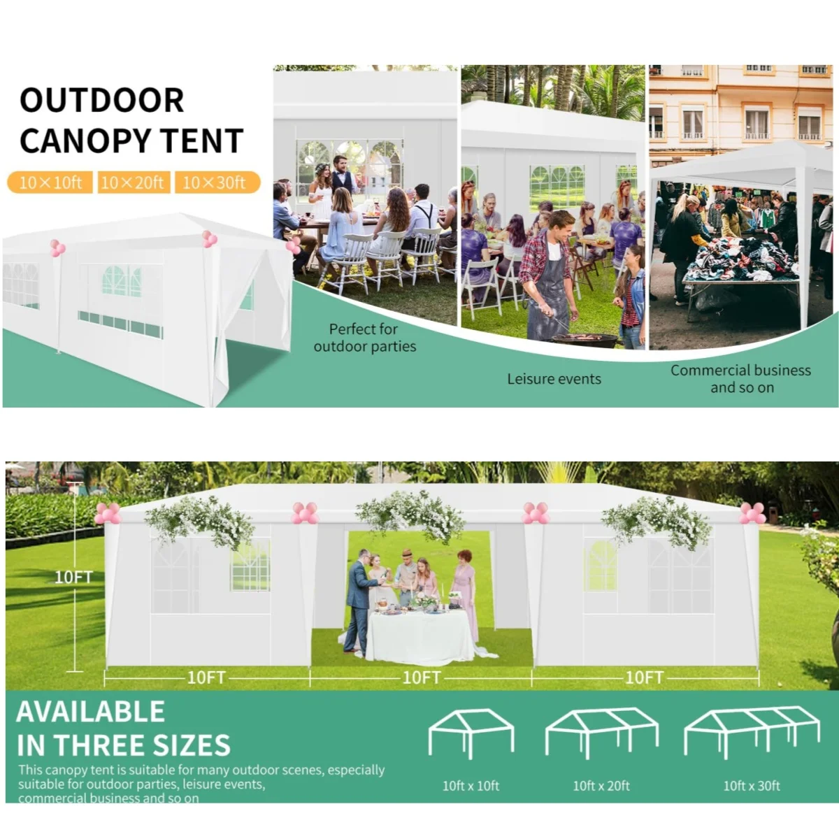 10x10/10X20/10x30FT Party Tent Outdoor Canopy Tent with Sidewalls Upgrade Removable, White Tents for Parties Waterproof 6