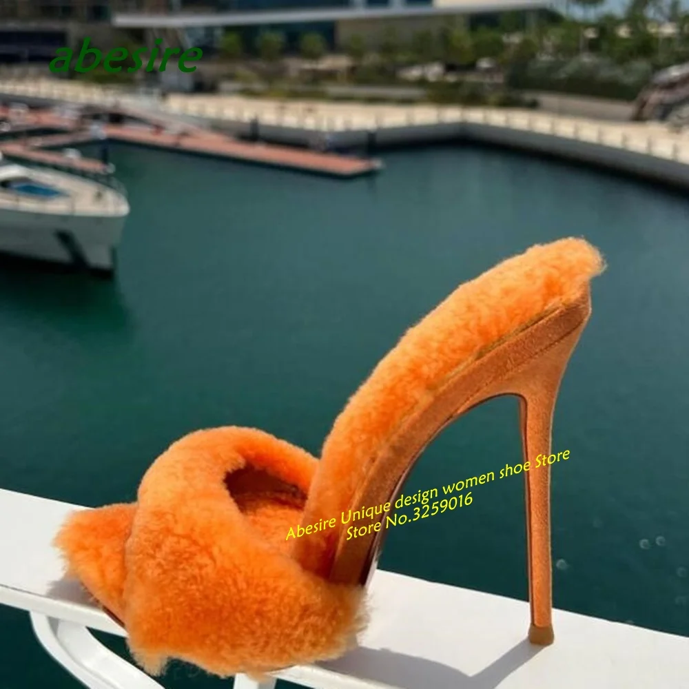 Pink Stiletto Plush Slippers Pointy Toe Thin Heeled Solid Women's Slippers Slip On Sexy Outside 2023 New Arrival Plus Size Shoes