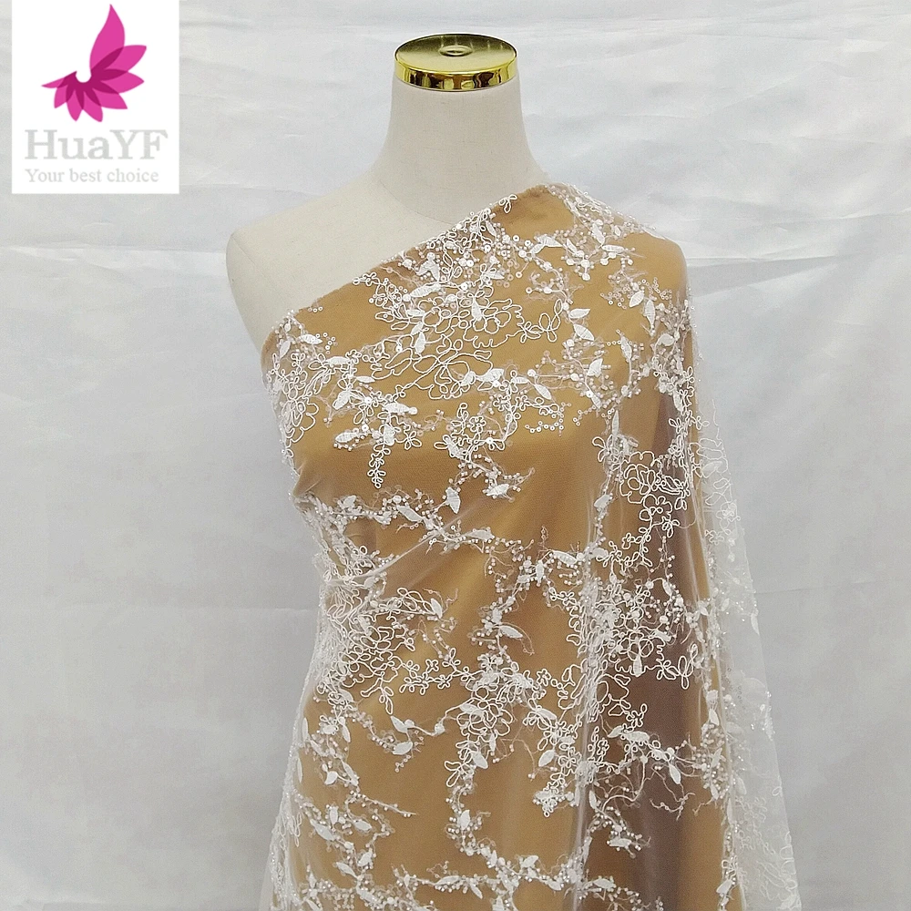 

1 Yard Gorgeous French Bridal Lace With Beaded Sequins For Women Evening Party Dress HY2160-4