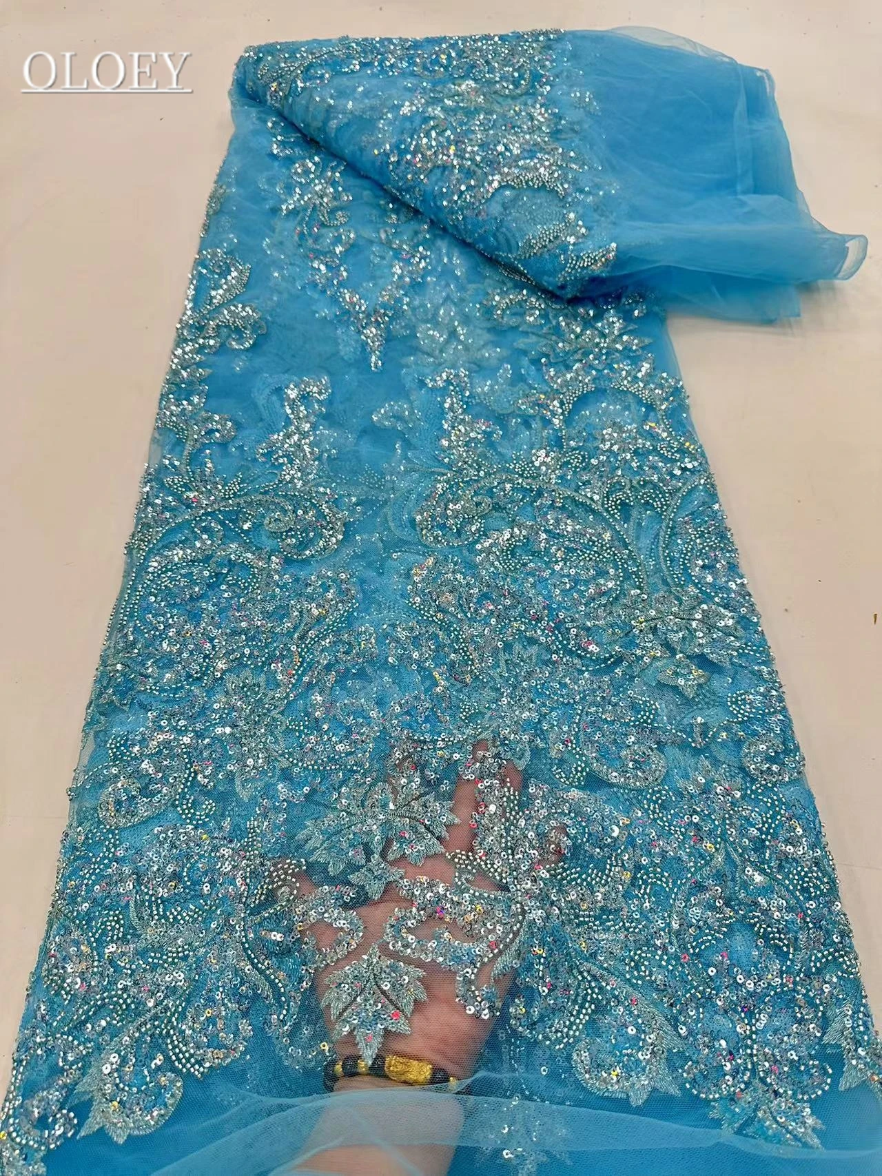 

2023 Fashion Elegant French Embroidery Beaded Lace Fabric African Nigerian With Sequins Fabric For Wedding Dress