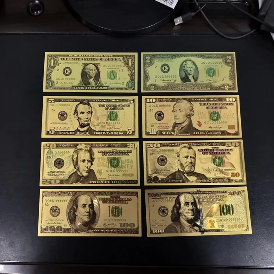 24K Gold Banknotes Gold Dollars Euro Antique Plated Commemorative Notes Euro Banknote Ornament Gold Plated Banknote Euro Banknote Crafts Commemorative Banknotes 7pcs/Set Home Decoration