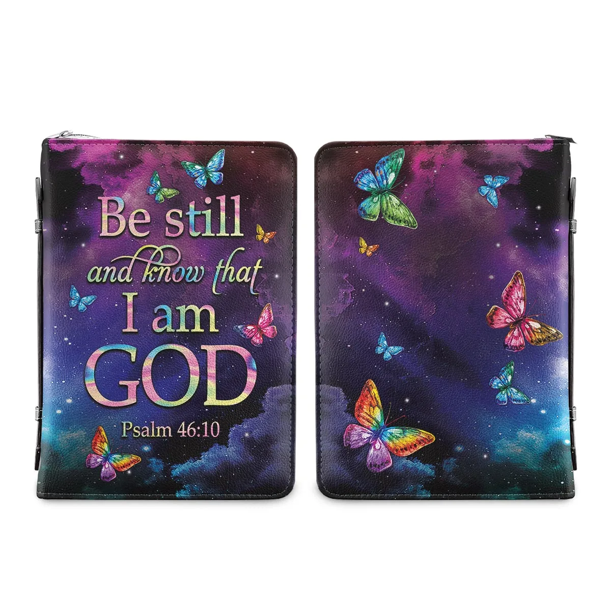 Women's PU Leather Bible Cover Be Still And Know That I Am God Butterflies Design Ladies Bible Storage Bags Custom Your Name Bag