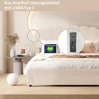Кровать с мягкой обивкой, двуспальная кровать с USB Type C, Кровать для хранения с большими ящиками и изголовьем, каркас кровати с решетчатым основанием, бежевый — изображение 3