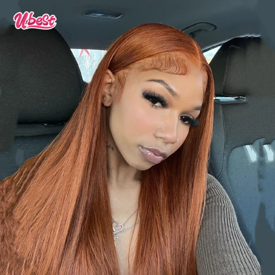 Perruque Lace Front Wig sans colle brésilienne-Ubest, perruques cheveux naturels, lisses, couleur rouge cuivré, Sophia, 13x4, pour femmes