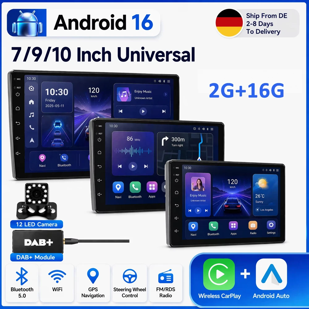 Radio Universal para Auto Android 16 de 7/9/10 Pulgadas, Autoradio 2 Din, Radio para Auto con GPS, BT, Sistema Multimedia Central Inteligente para Auto 1