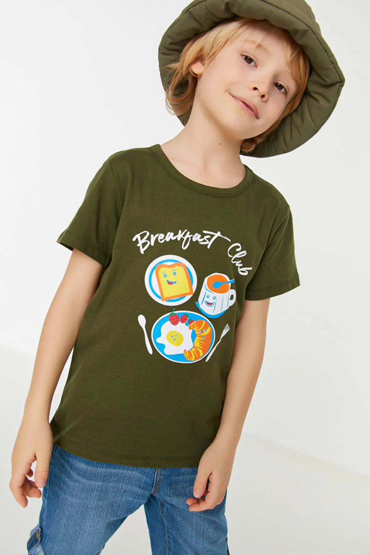 T-Shirt Haki Baskin Ldeck Bisiklet Yaka Erkek Cuk Orrt