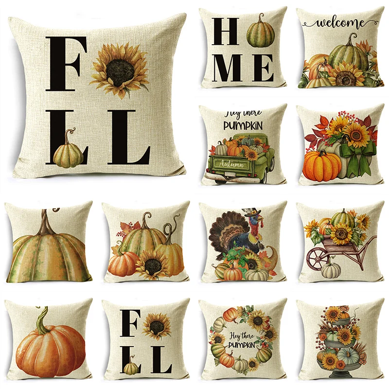 

Classical Retro Thanksgiving Pumpkin Flowers Turkey Throw Pillowcase Cushion Covers For Sofa Office Bedroom Decor Multiple Size