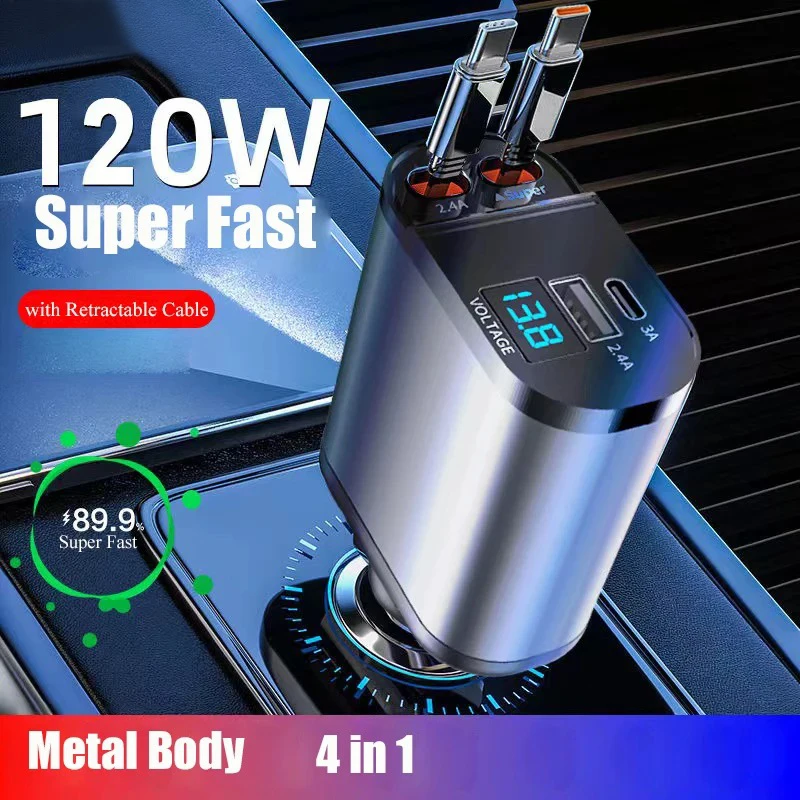 120W 4 in 1 Retractable Car Charger for iPhone Xiaomi Poco