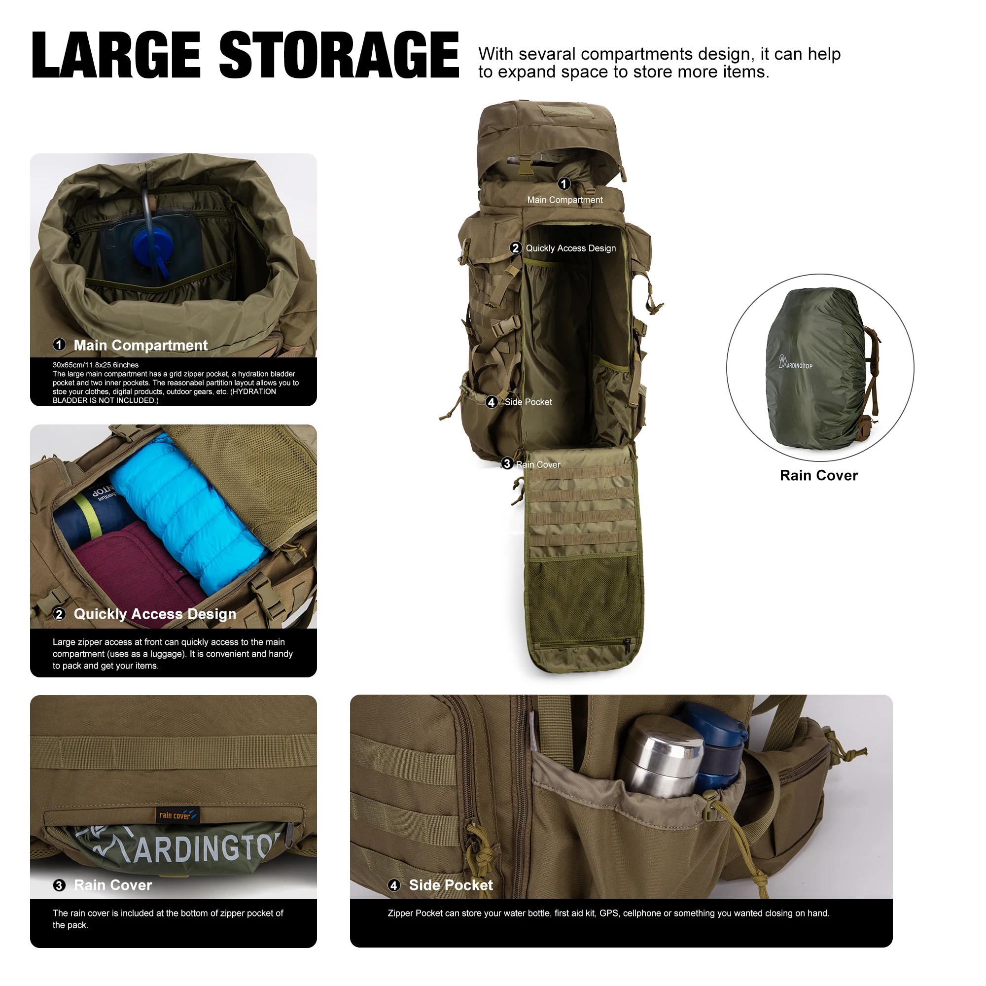 MARDINGTOP 70L Hiking Backpack with Rain Cover Internal Frame for Military Tactical Camping Hiking Bushcraft Backpacking