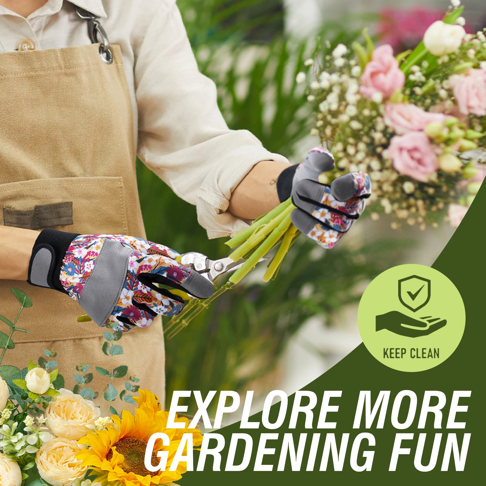 Floral Print Ergonomic Gardening Gloves for Women - Lightweight & Durable