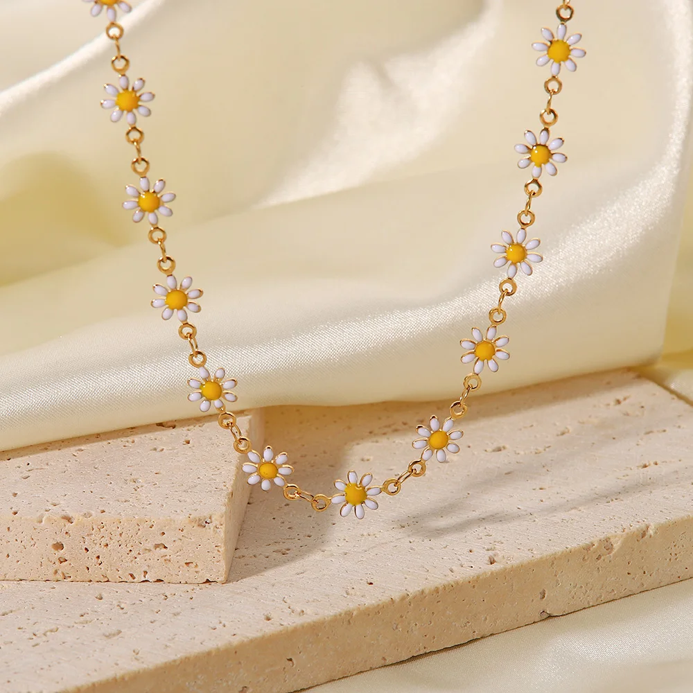 Collier Ras Du Cou Doré Petites Marguerites - Fantaisie Acier Inoxydable - Neuf étiqueté