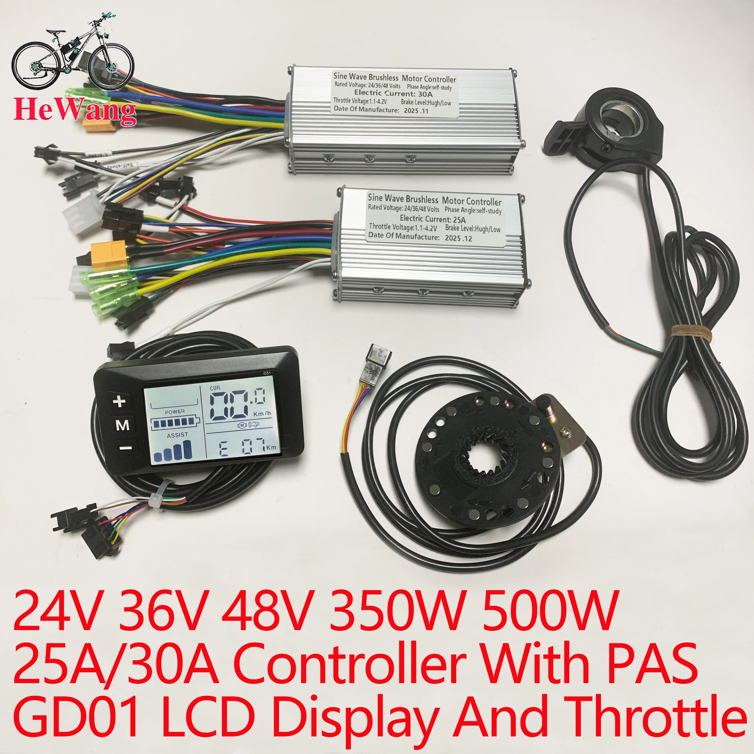 25A/30A E-bike Brushless Motor Controller 24V 36V 48V 350W 500W with GD01 LCD Display PAS Throttle Kit for E-Fold Bike Scooter