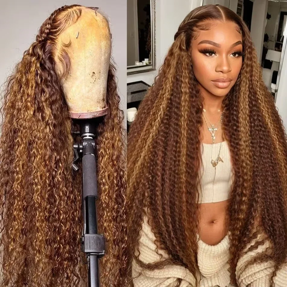 34 Inch Highlight Curly Wave Lace Front Wigs Human Hair 200% Density Deep Curly Human Hair Wig Pre Plucked P4/27 Ombre Lace Frontal Wigs With Baby Hair For Women 2