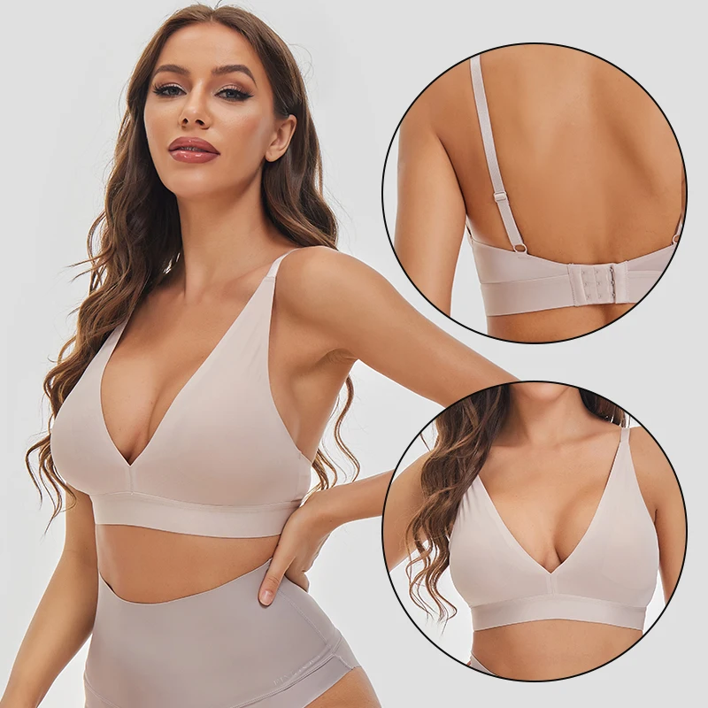 Women Bra Female Underwear Sexy Lingerie Seamless Brassiere Intimates Deep  V Backless Bralette Tank Top Back Closure Bras S-XL