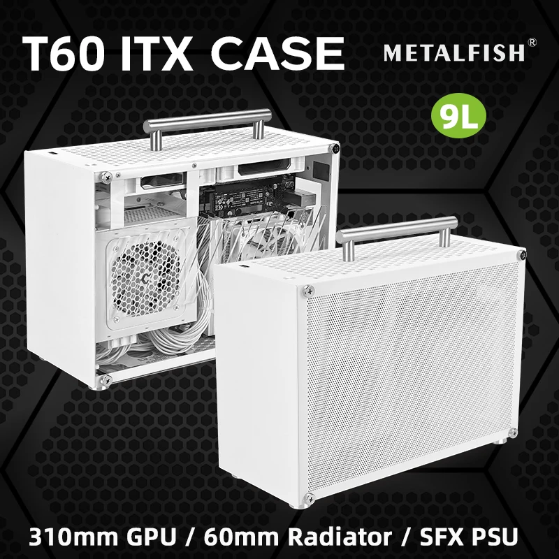 Metalfish-mini Itx Caixa Branca com Acrílico ou Malha do Painel Lateral e Alça Portátil Suporte Sfx Psu Gpu 2×120 mm Ventilador 9l T60