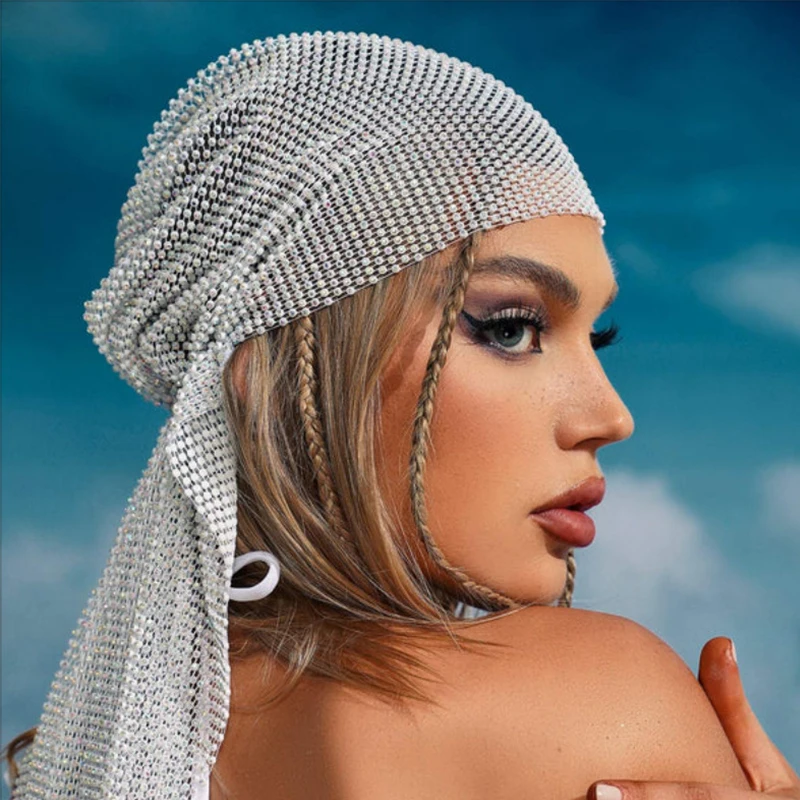 ブランド アッカ 3連 スワロスキー カチューシャ AKYZO Sparkly Diamonds Fishnet Turban Hat for Women Festival