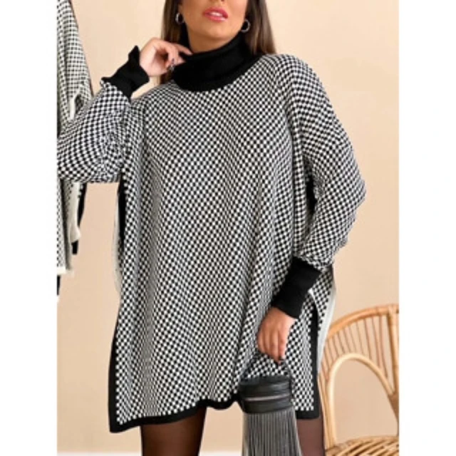 Blusa Poncho Tricot Gola Alta Xadrez Geométrico Moda Inverno