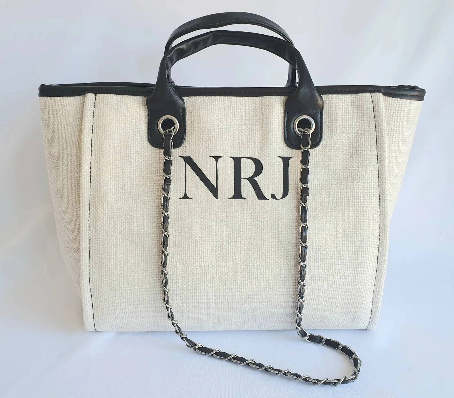 Personalised Monogram Tote Bag, Customized luxury bag, Double handle chain strap Cream and Black bag, Shoulder Tote Bag