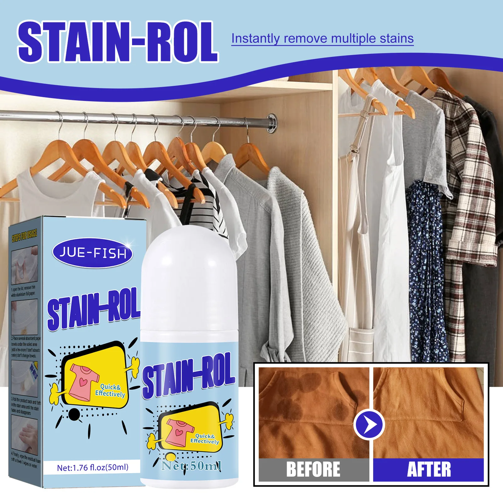 Jue Fish 50ml Clothes Stain Remover Rolling Ball No Wash Coffee Stain Oil Removal Detergent Portable Clothes Stain Clean Roller
