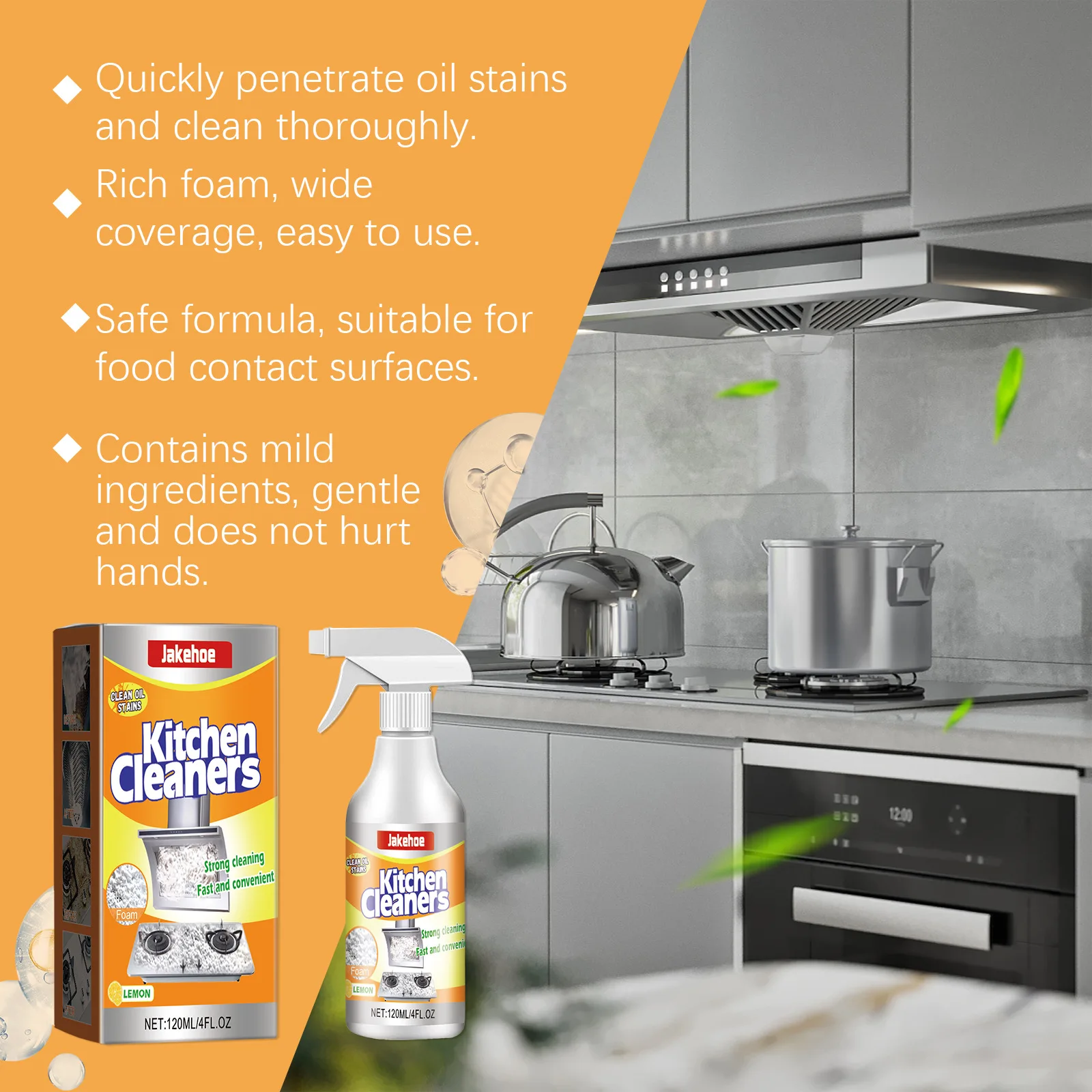 Jakehoe 120ml Heavy Oil Cleaner Kitchen Oil Stain Degreaser Stains Remover Cleaning Grills Ovens Dirt Cleaning Bubble Spray