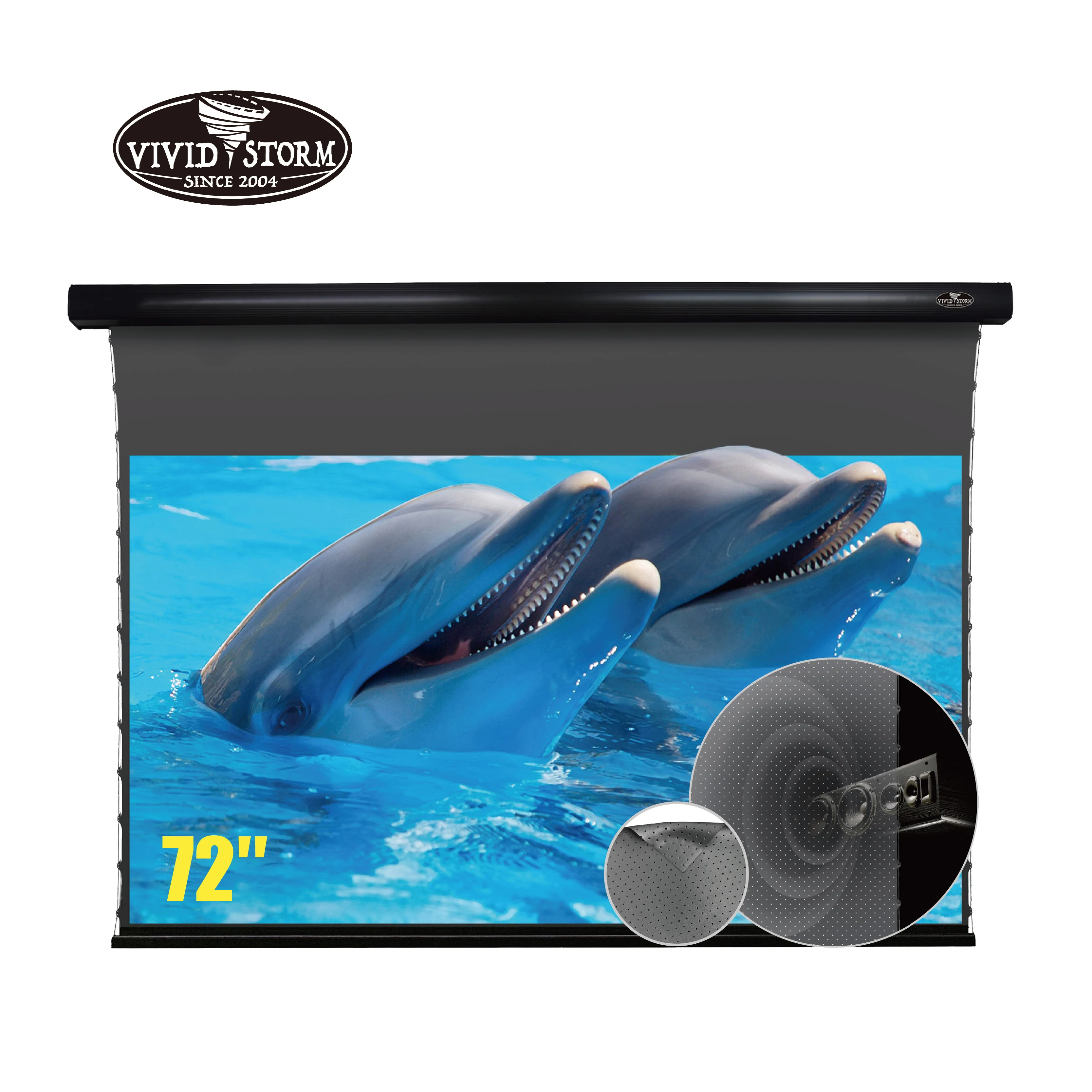 Vividstorm 72 Pollici Slimline Electric Tab-Tensionato Pull Down Obsidian Long Throw Sound Perforate Acusticamente Trasparente