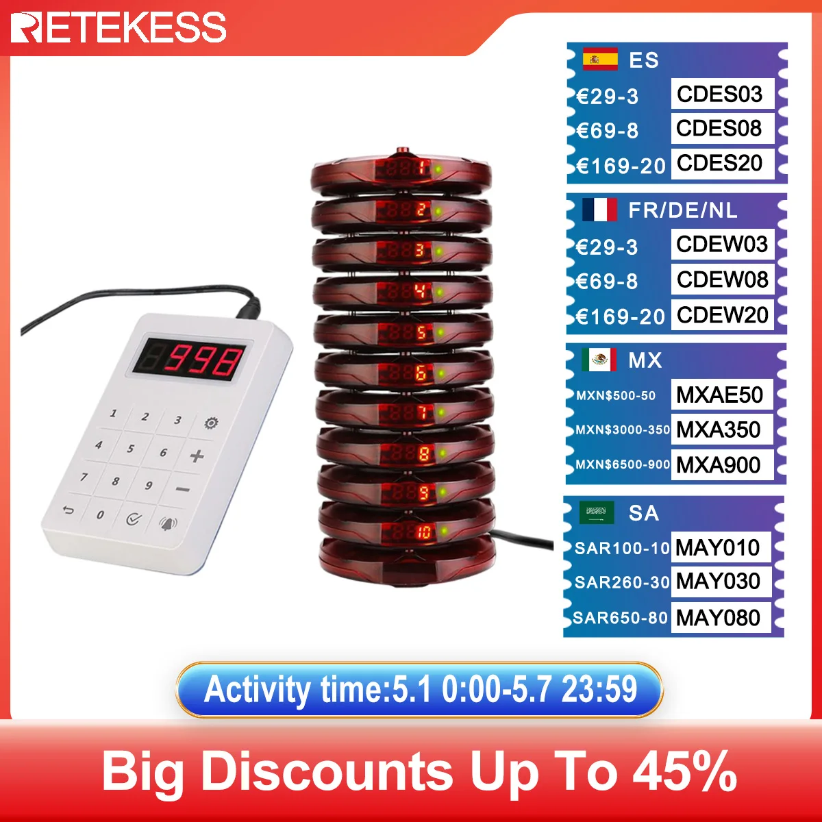 Retekess TD158 Pagers For Restaurant Vibrator Coaster Buzzers Receiver Calling System Waterproof Keyboard Food Truck Bar Cafe