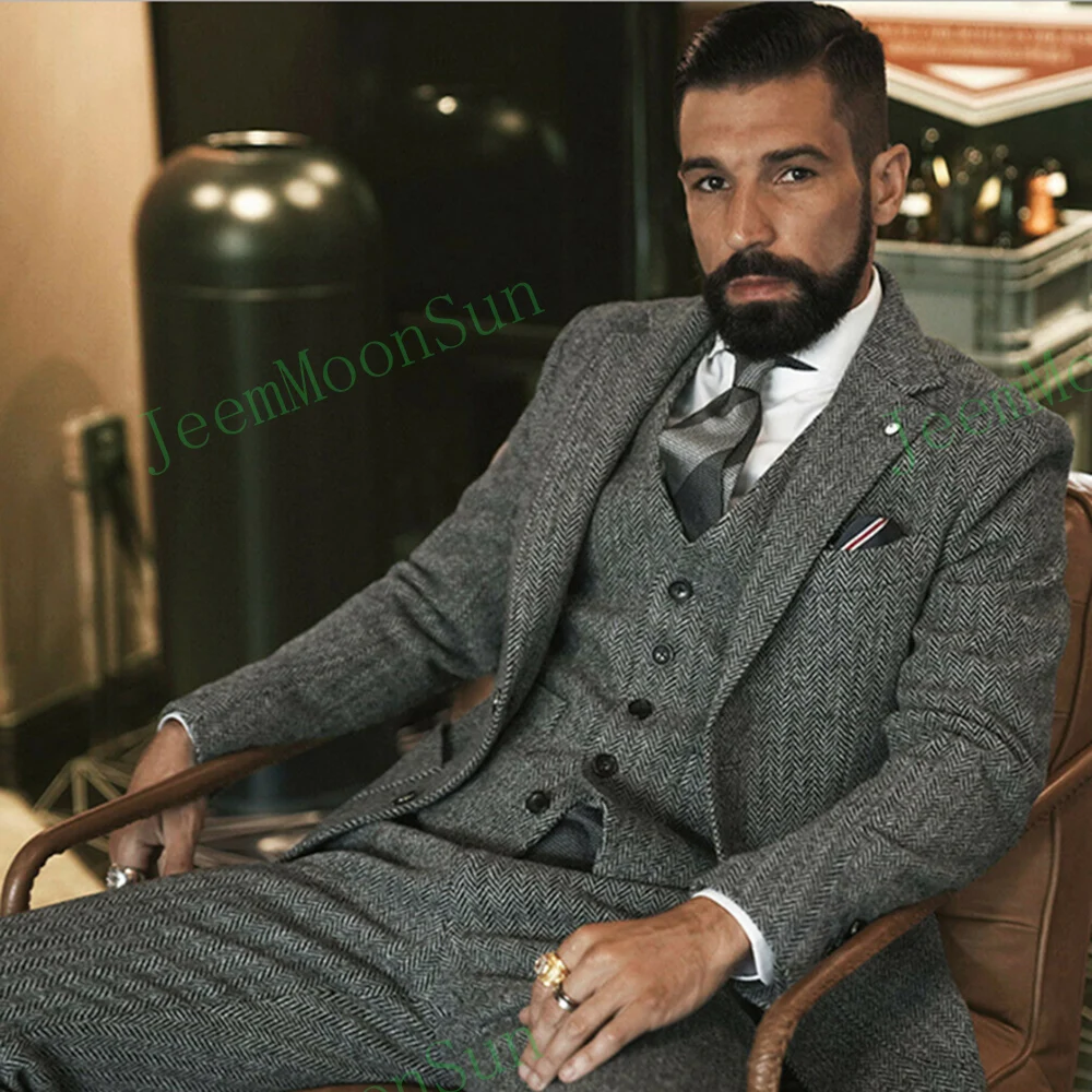 

Gray Wool Herringbone Men Suits 2023 Tweed Groom Tuxedo Business Tailor Made 3 Pieces Male Suit Set Jacket Waistcoat with Pants