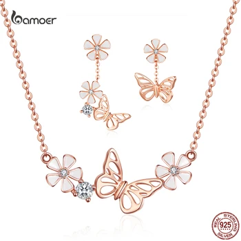 Bamoer 925 Sterling Silver Dazzling Butterfly Ear Studs Necklace Suit Rose K gold for Women Luxury Elegant Zircon Jewelry Sets