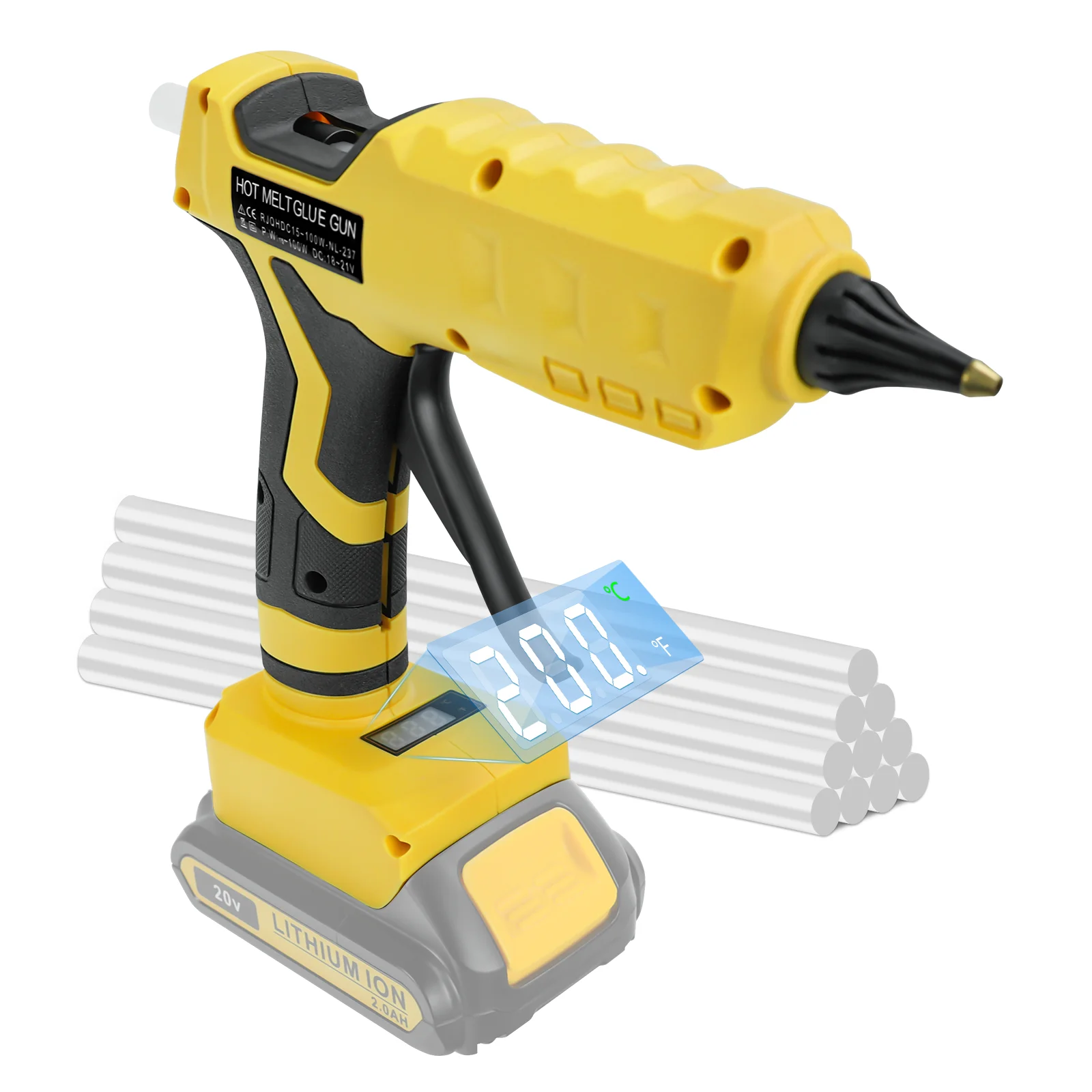 100W Cordless Hot Glue Gun Temp Adjust LCD Digital Display 10Pcs 11mm Glue Sticks Dewalt 20V Battery (No Battery) Hot Melt Glue Gun Hot Glue Gun Cordless Glue Gun