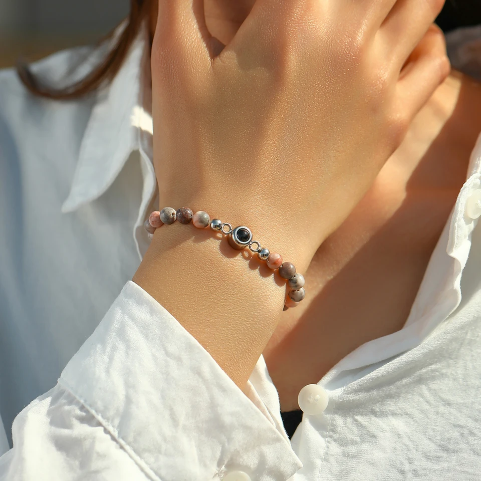Personalized Natural Stone Bead Photo Projection Bracelet