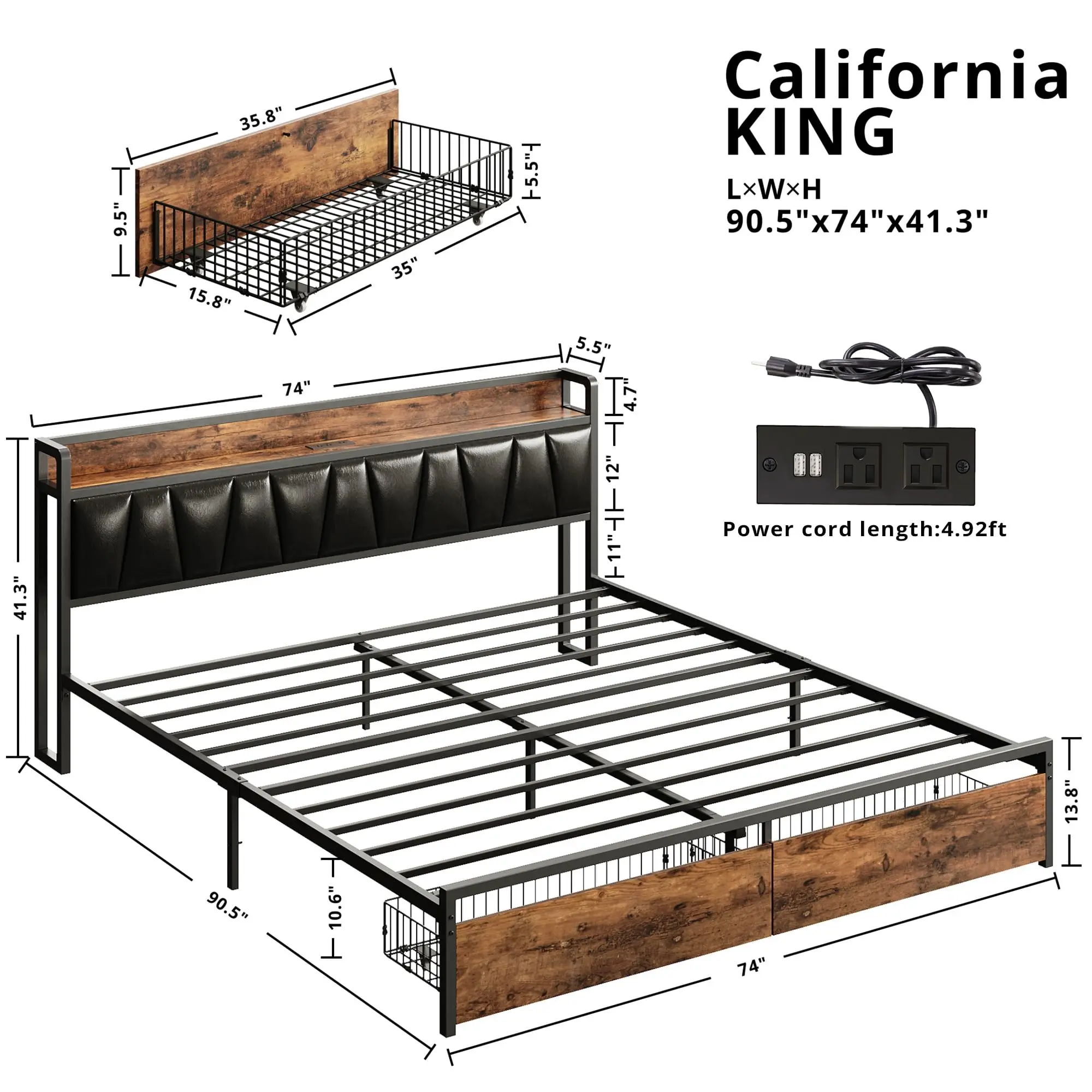 California King Bed Frame with Storage & USB 2
