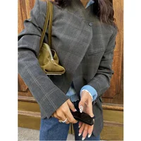 Vestes pour femmes printemps 2026, col montant, poches asymétriques, blazers gris à carreaux, vêtements d'extérieur pour femmes automne, style vintage street 2