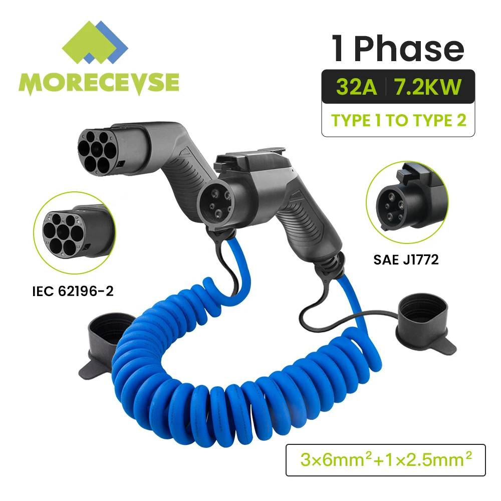 Morec EV 충전 케이블, 자동차 충전기 스테이션용 1 상 전기 자동차 코드, 타입 1 에서 타입 2 플러그 어댑터, J1772 5M, 32 A, 7.2KW