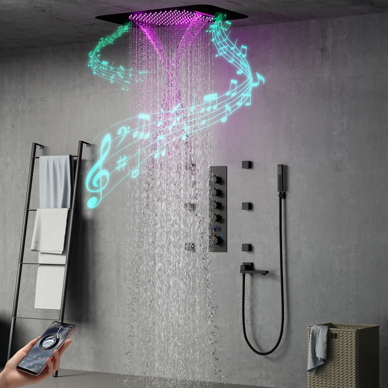 

Ceiling Embedded 580*380mm Led Shower Head with Music Speaker System Temperature Display Bathroom Cold and Hot Shower Faucet Set