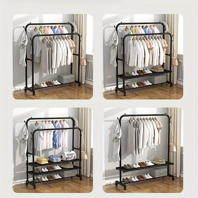 Double-Layer Clothes Drying Rack with Shoe Storage Shelf–Organizer Shelf,Floor Standing Design for Bedroom,Balcony,or Bathroom 6